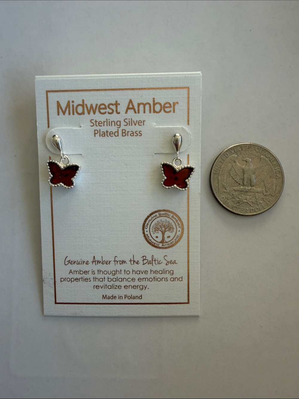 NWT Sterling Silver Red Amber Butterfly Drop Earrings